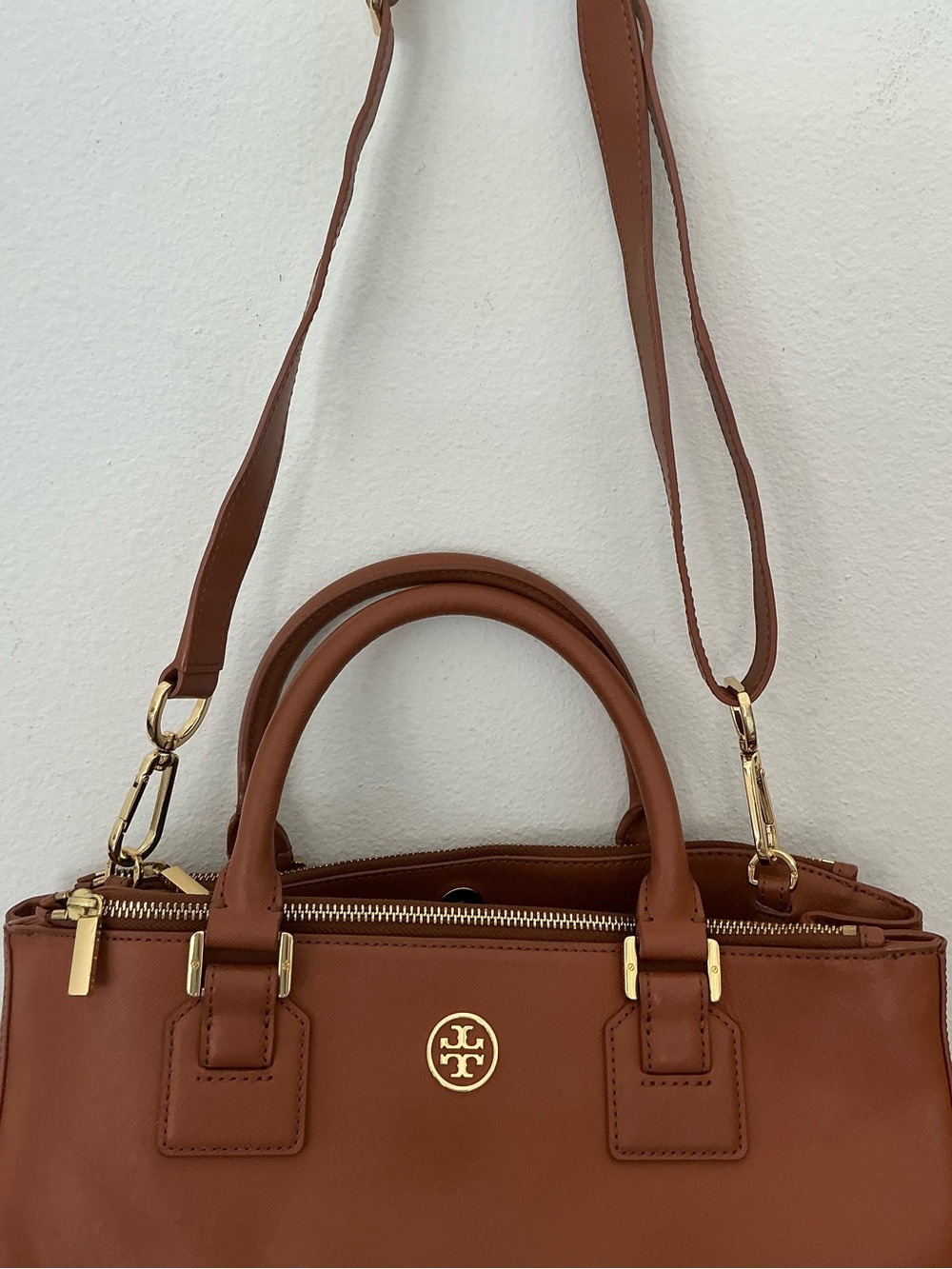 Tory Burch Robinson Double Zip Tote Tan Leather Satchel Crossbody Bag - Picture 4 of 14